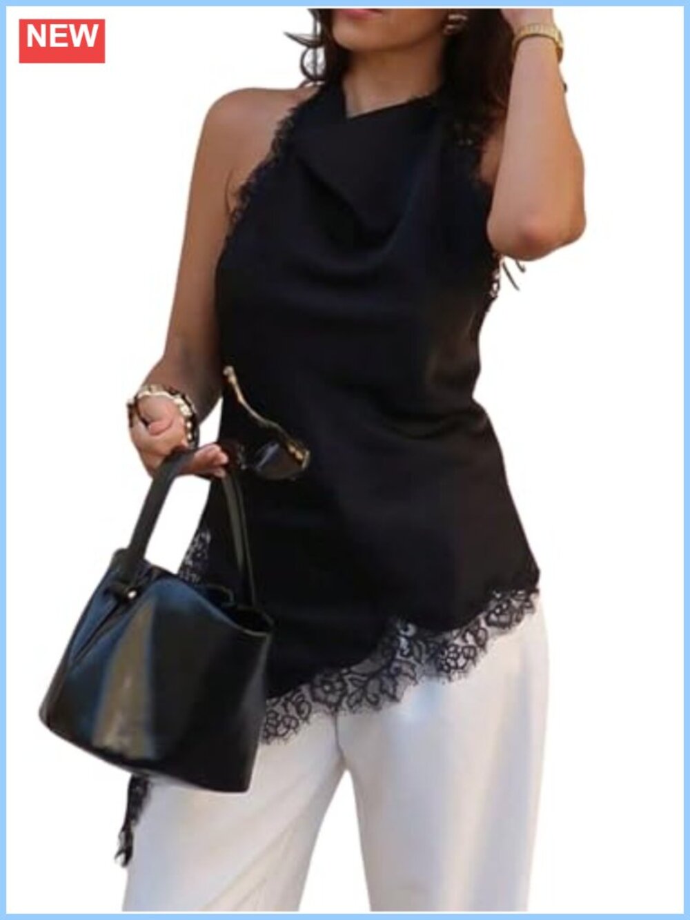 Lace Asymmetrical Halter Top Satin Cowl Neck Backless Sleeveless Tank